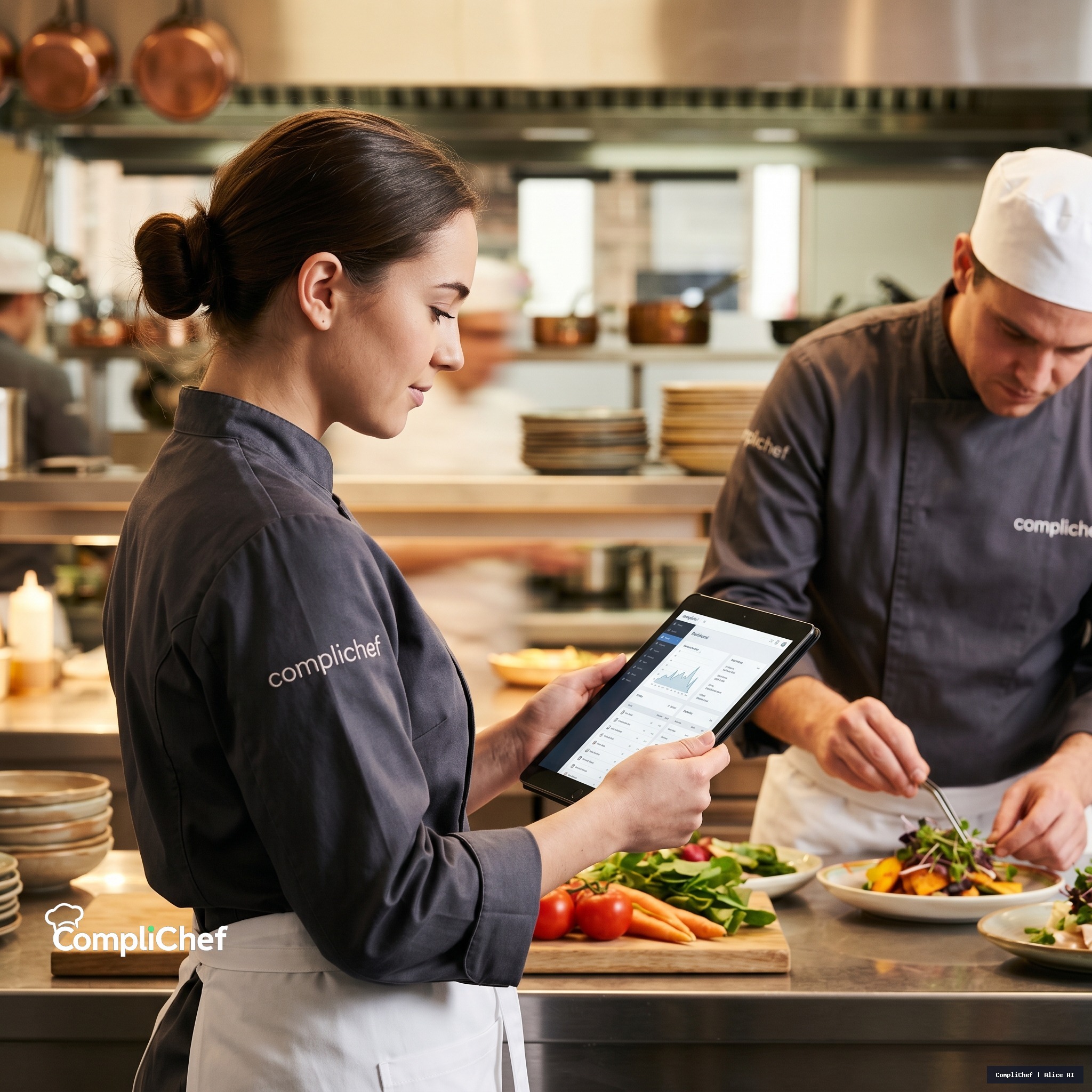 Professional chef using CompliChef tablet in busy modern commercial kitchen