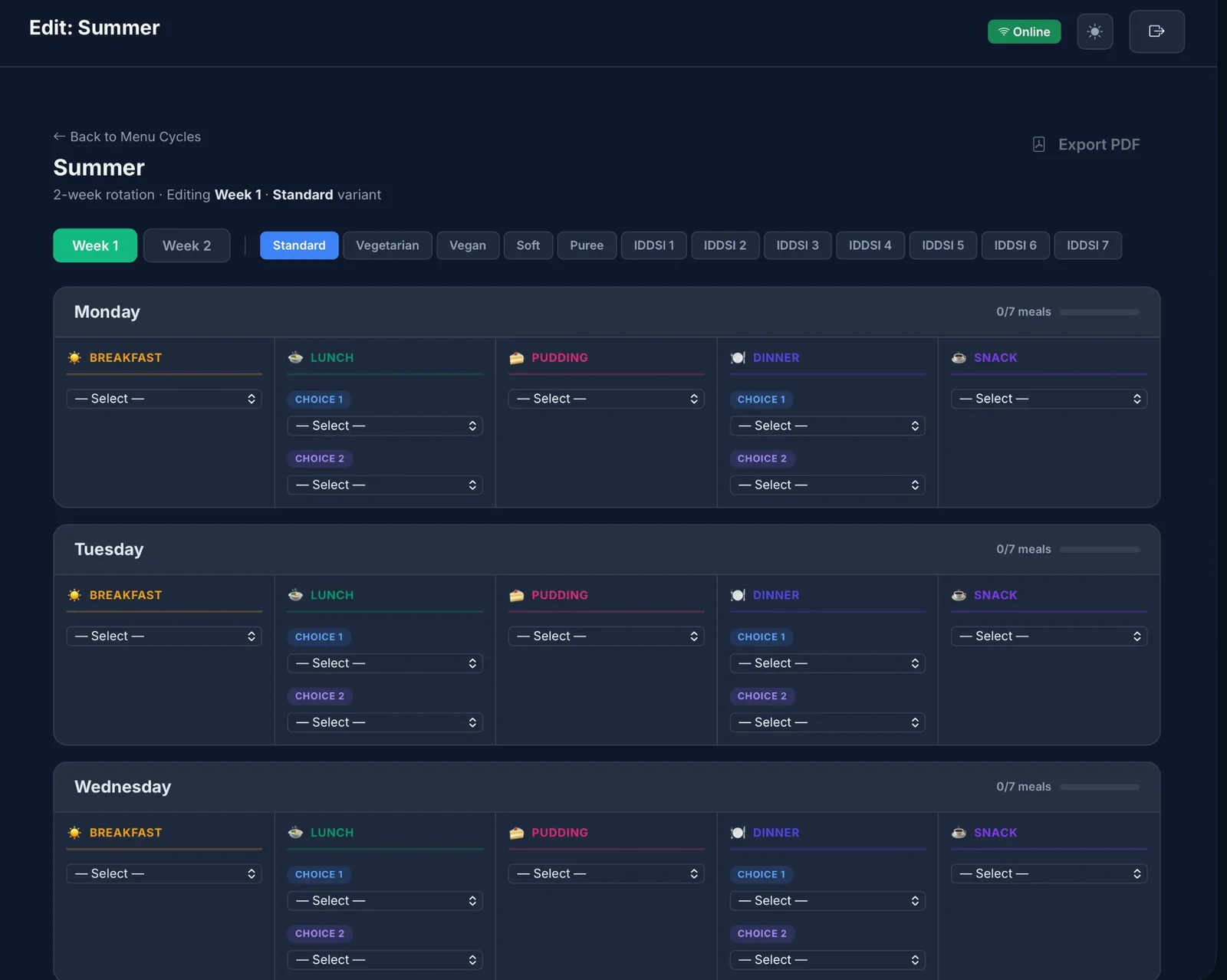 CareMenu Pro menu cycle editor: a 2-week Summer cycle with Standard, Vegetarian, Vegan, Soft, Puree and IDDSI 1 to 7 variants, and breakfast, lunch, pudding, dinner and snack for each day