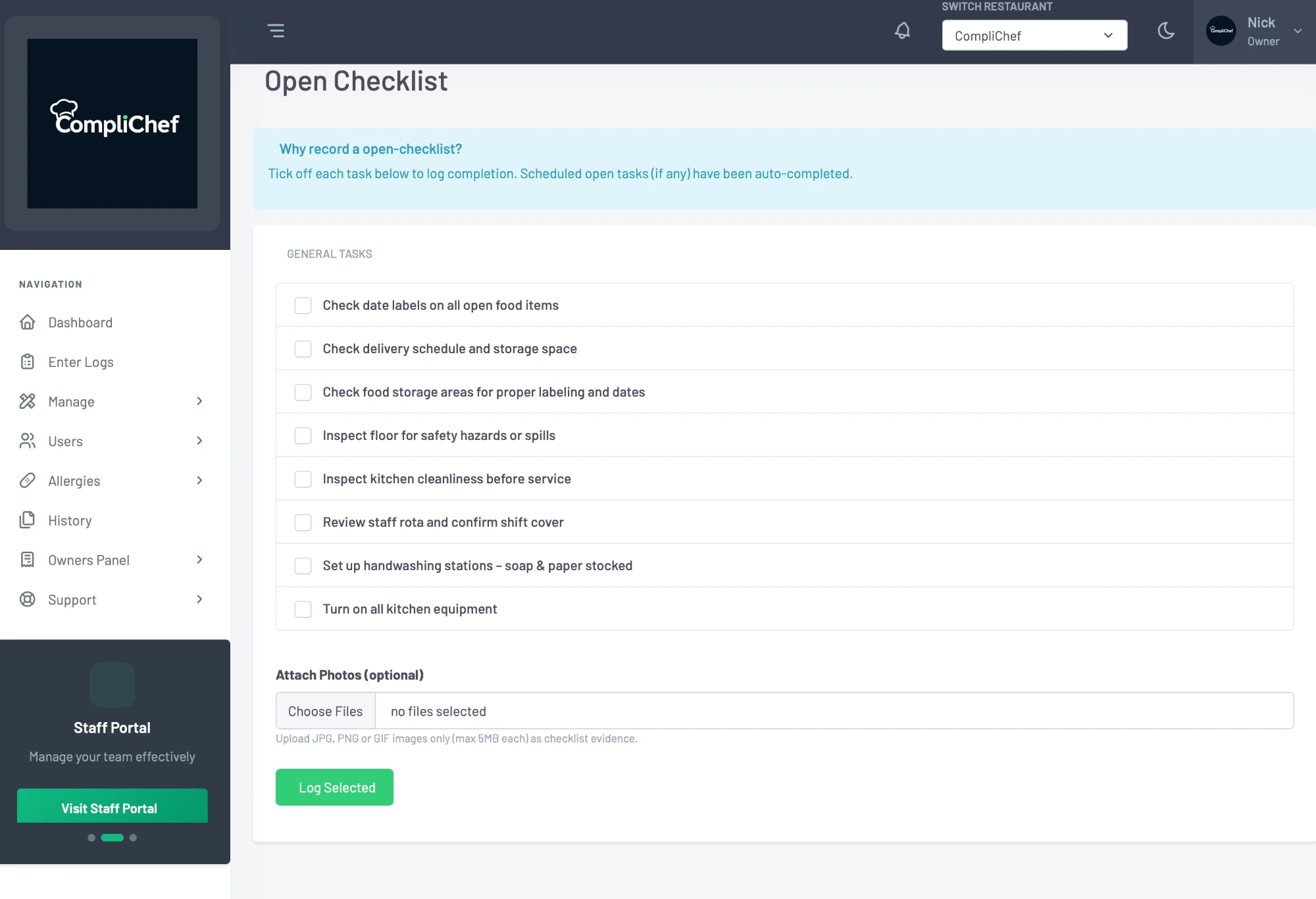 CompliChef V2 opening checklist with tasks and photo evidence