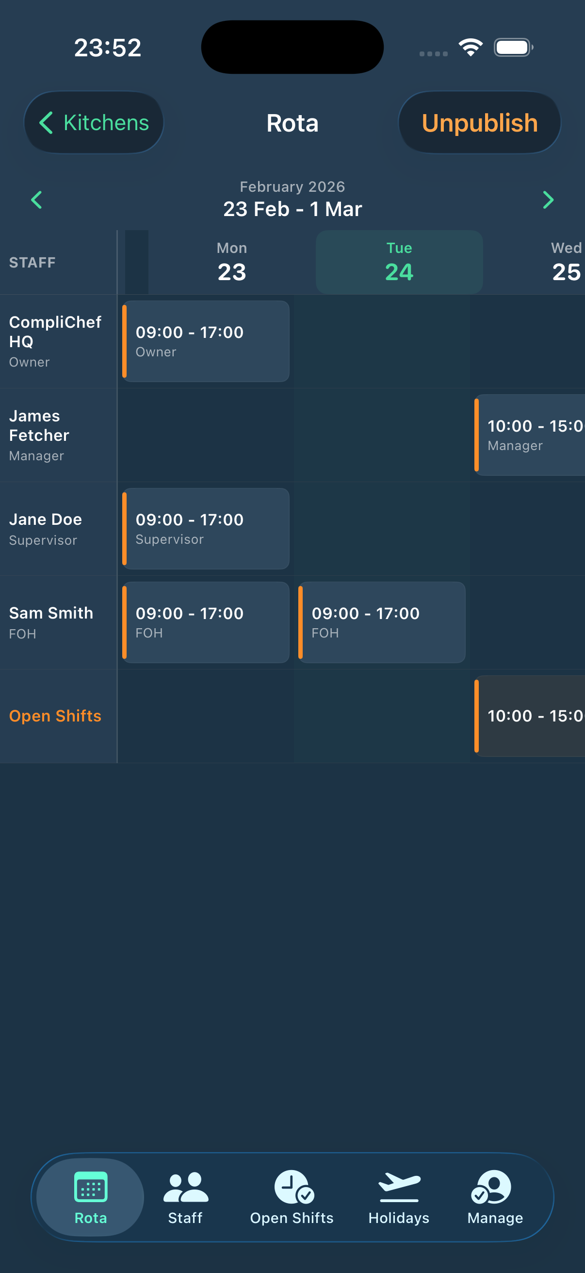 StaffPortal weekly rota