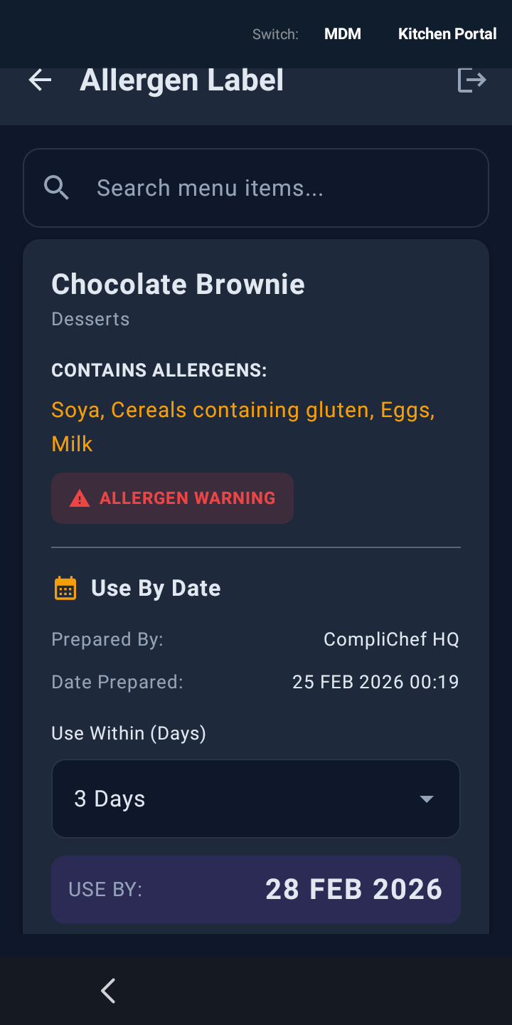Allergen label detail for Chocolate Brownie