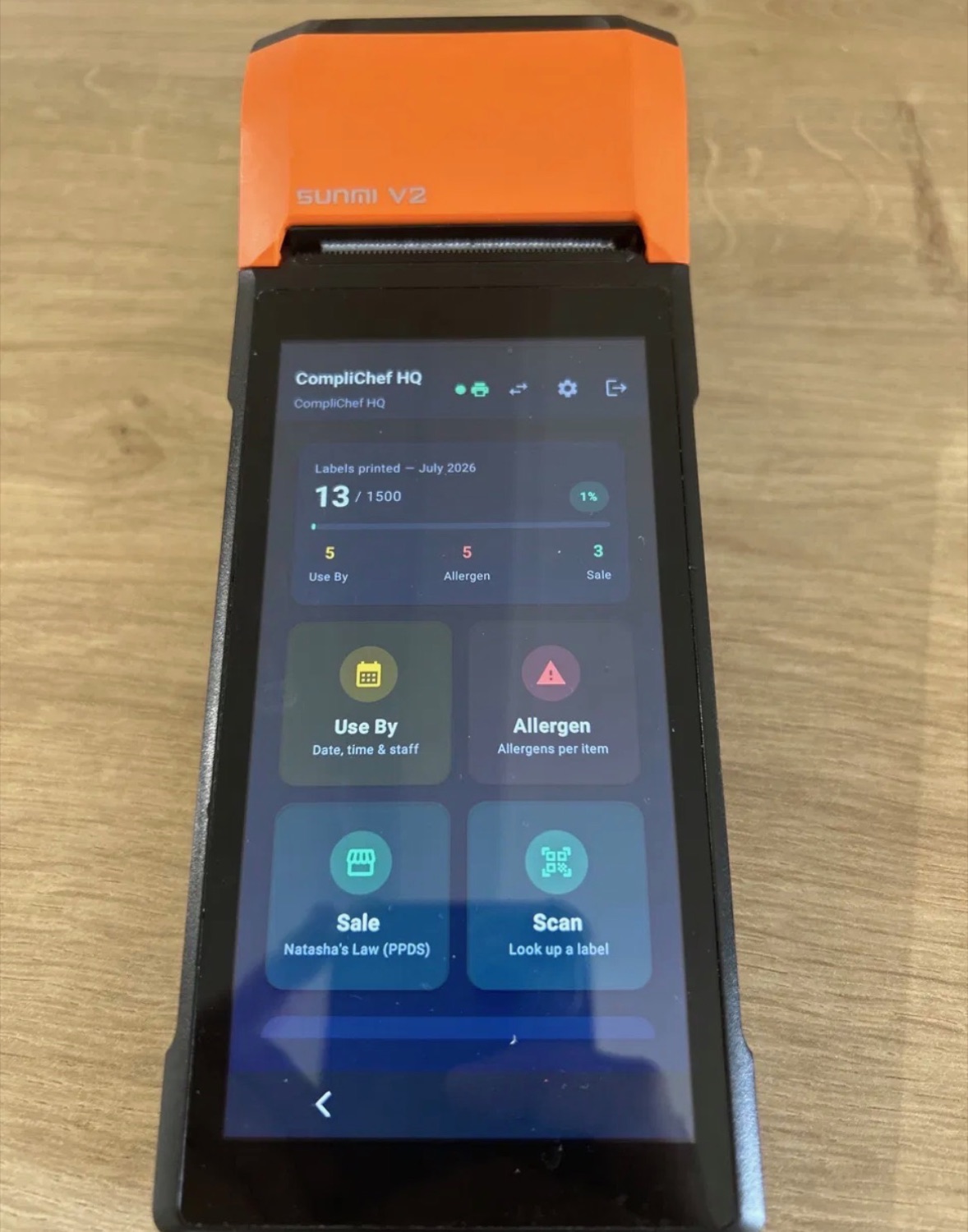 CompliChef Labels running on a managed Sunmi V2 printer — Use By, Allergen, Sale and Scan options