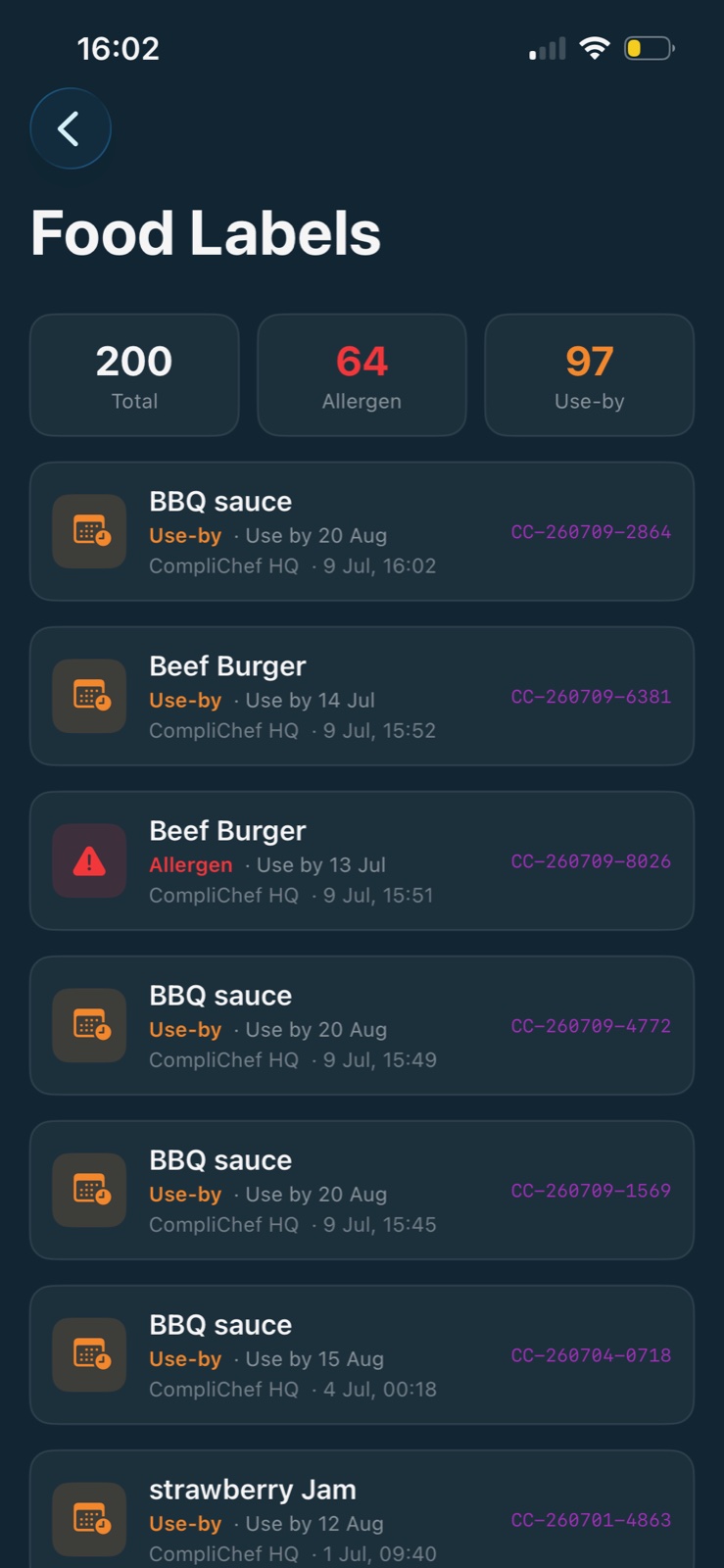 CompliChef Food Labels history — every printed label logged with a unique traceability code