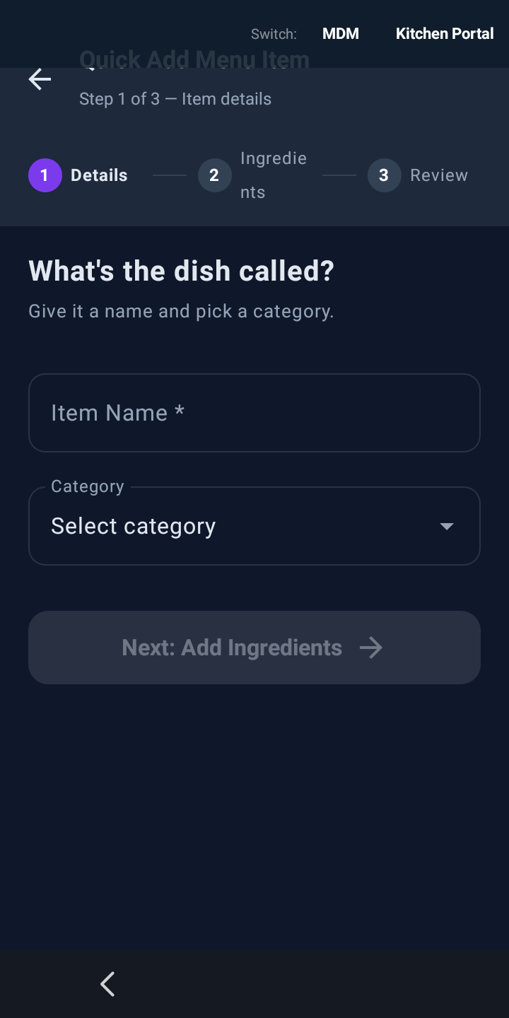Quick add menu item — 3 step wizard