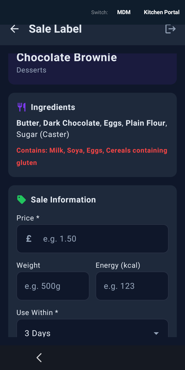 Natasha's Law compliant sale label with ingredients