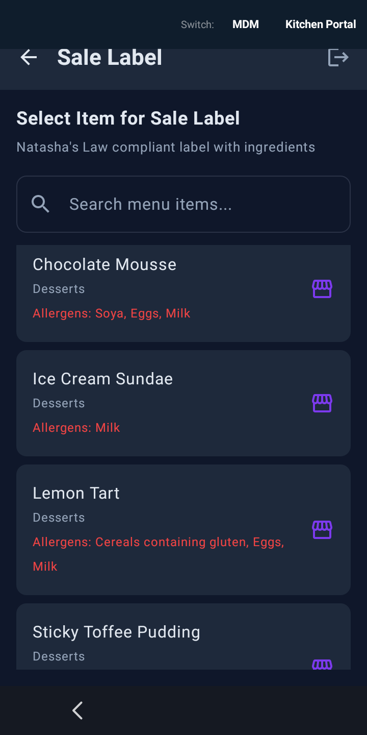 Sale label item picker with allergens shown inline
