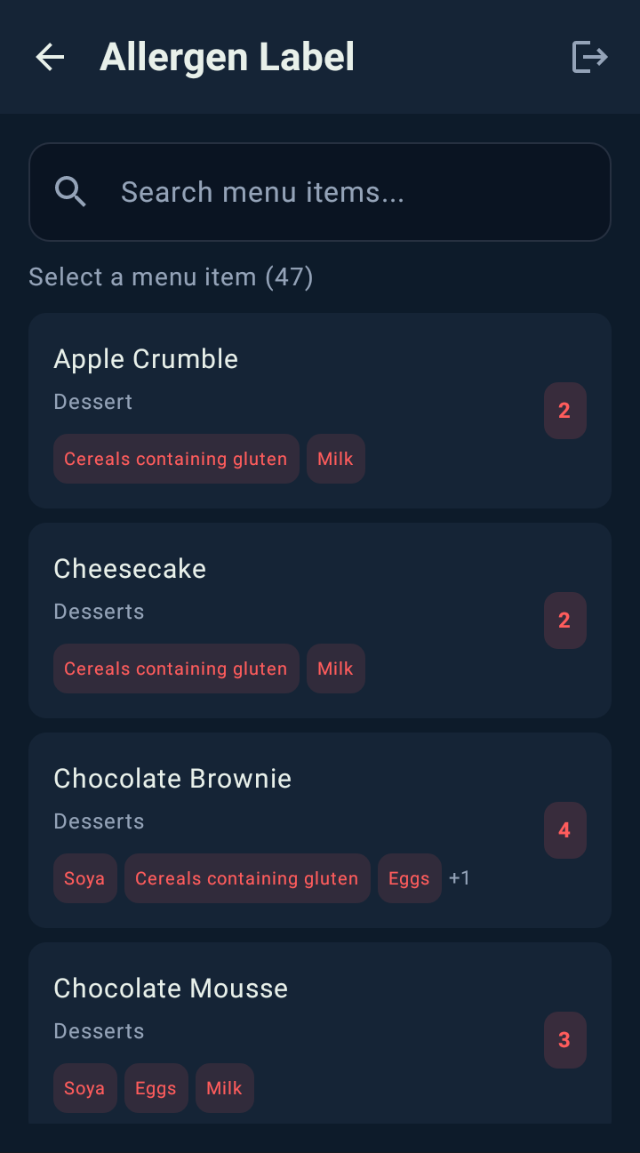 Allergen label: Find the dish