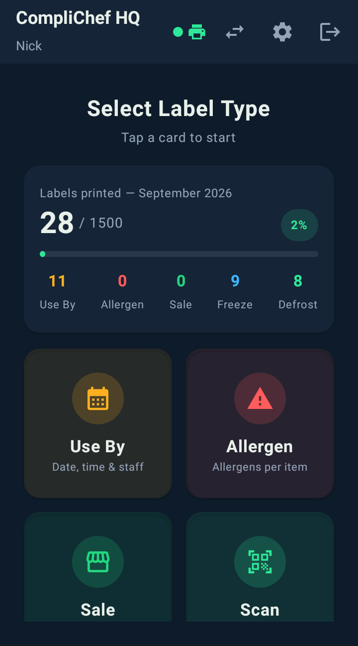 The CompliChef Labels app home screen on a Sunmi device