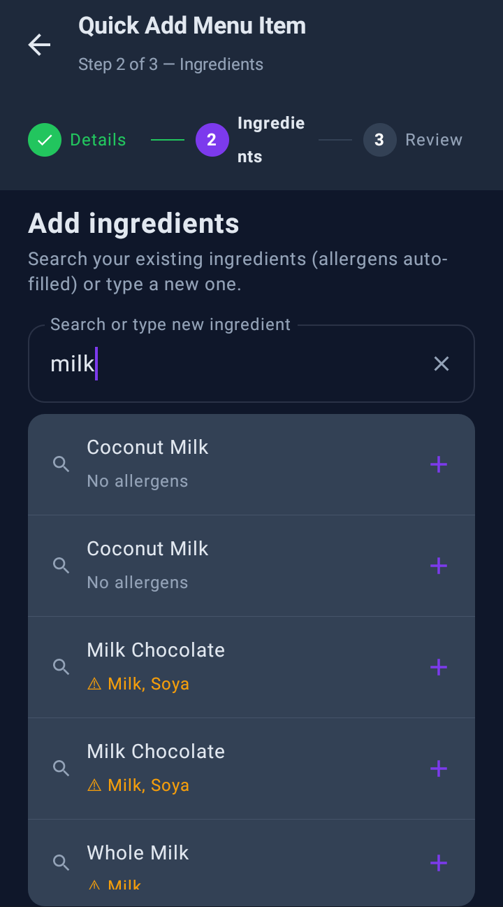 Quick add: Allergens fill in