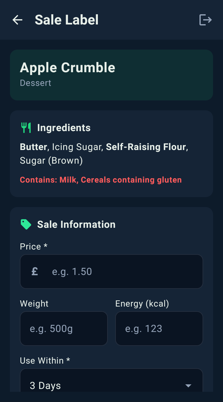 Sale label (PPDS): Full ingredients