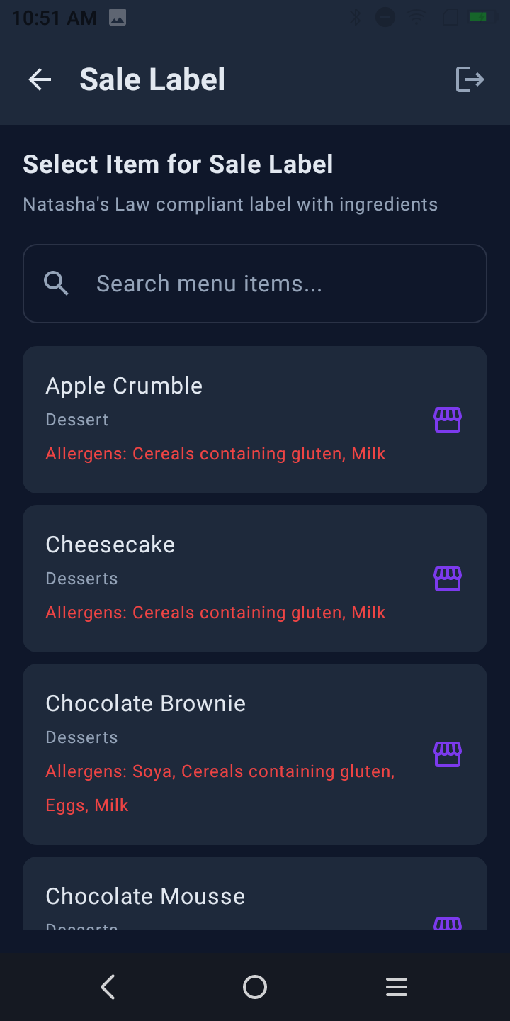 Sale label item list