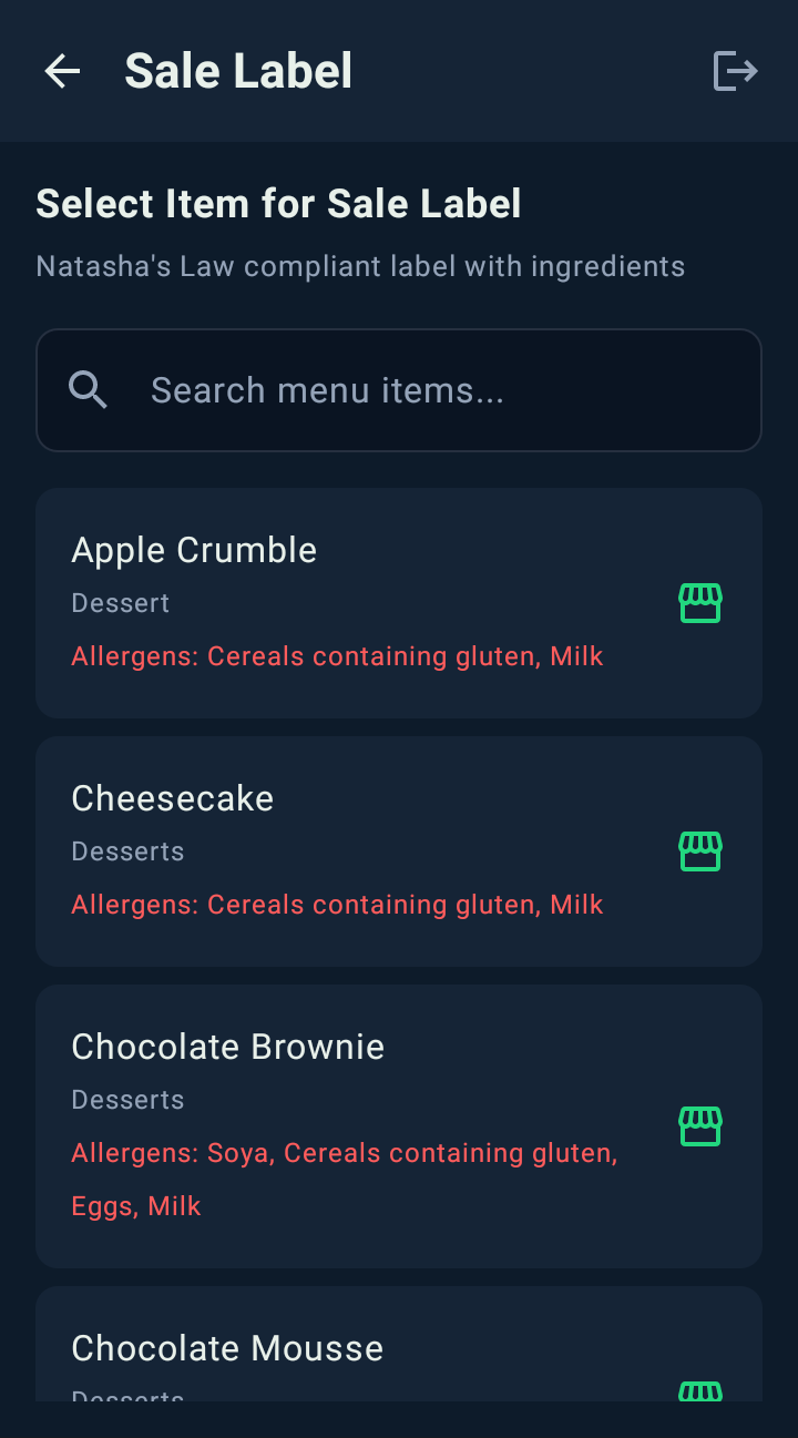 Sale label (PPDS): Allergens in the list
