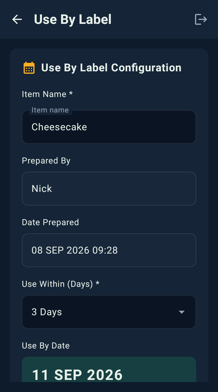 Use-by label: Name and date filled in