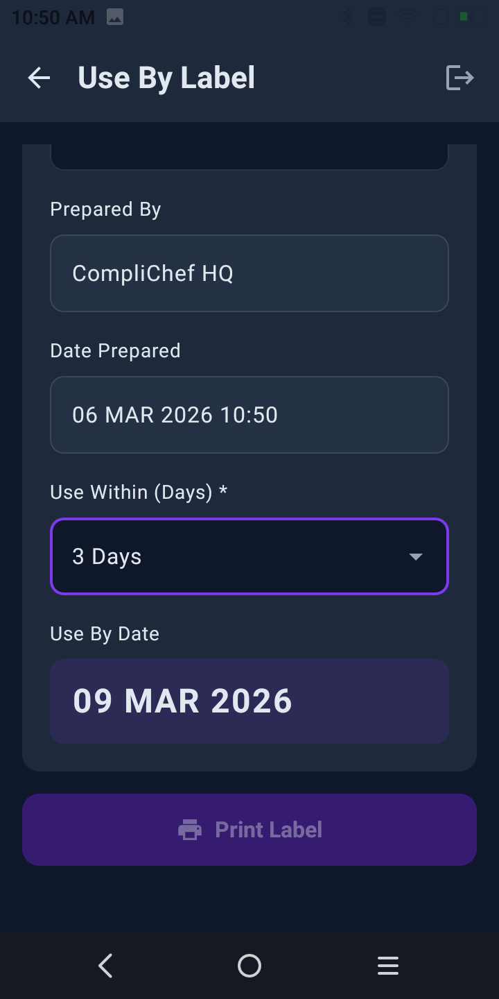 Use By Label print button