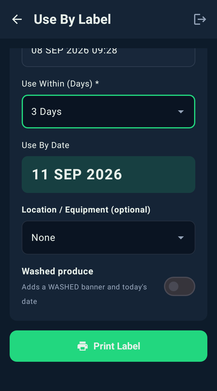 Use-by label: Out in seconds