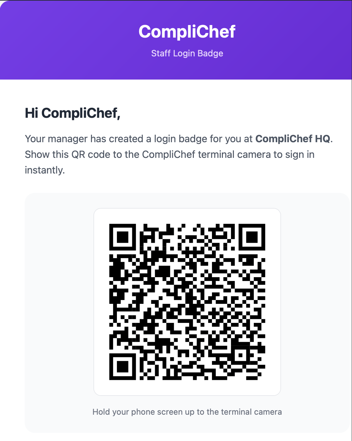 CompliChef Staff Login Badge QR code email