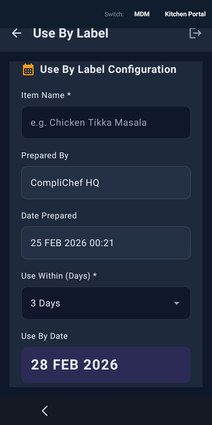 Use by label configuration screen
