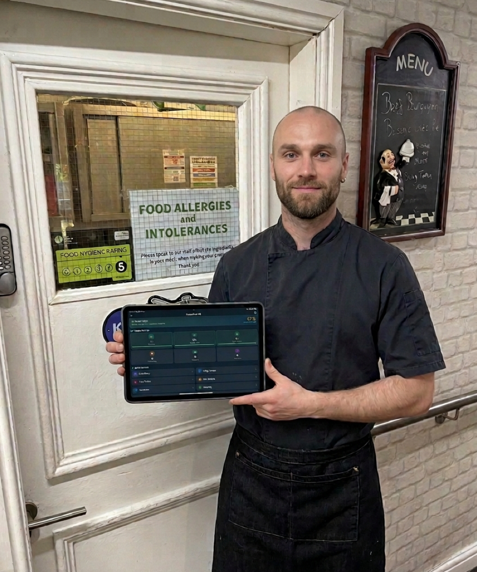 Chef using CompliChef on tablet in a professional kitchen with team in background