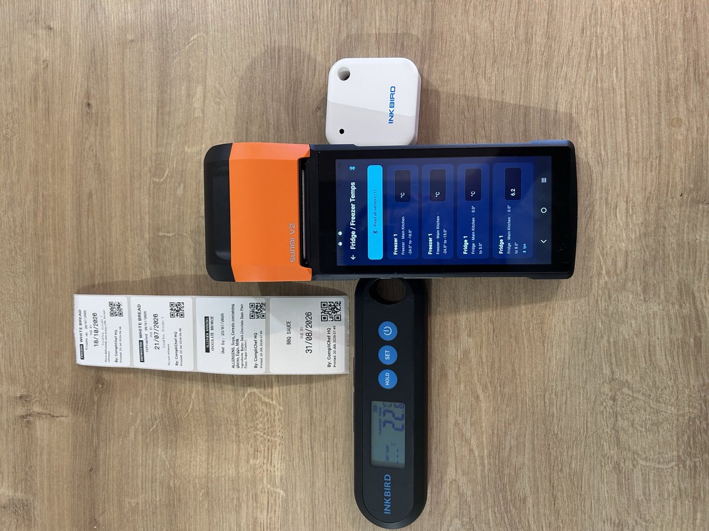 CompliChef Solo Labels kit — Sunmi V2 label printer, printed food labels, Inkbird temperature probe and Bluetooth fridge sensor