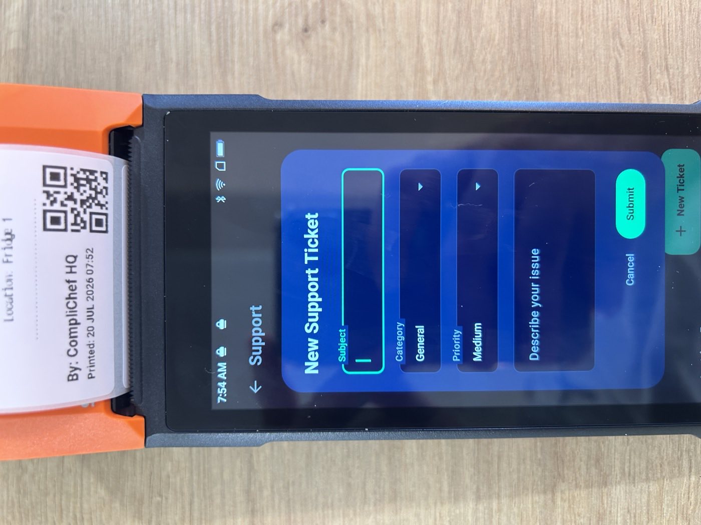 Raising a new support ticket directly on the CompliChef Sunmi V2 handheld