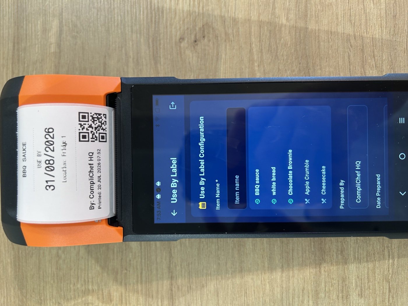 CompliChef Solo Labels use-by label configuration screen on the Sunmi V2, printing a BBQ sauce use-by label