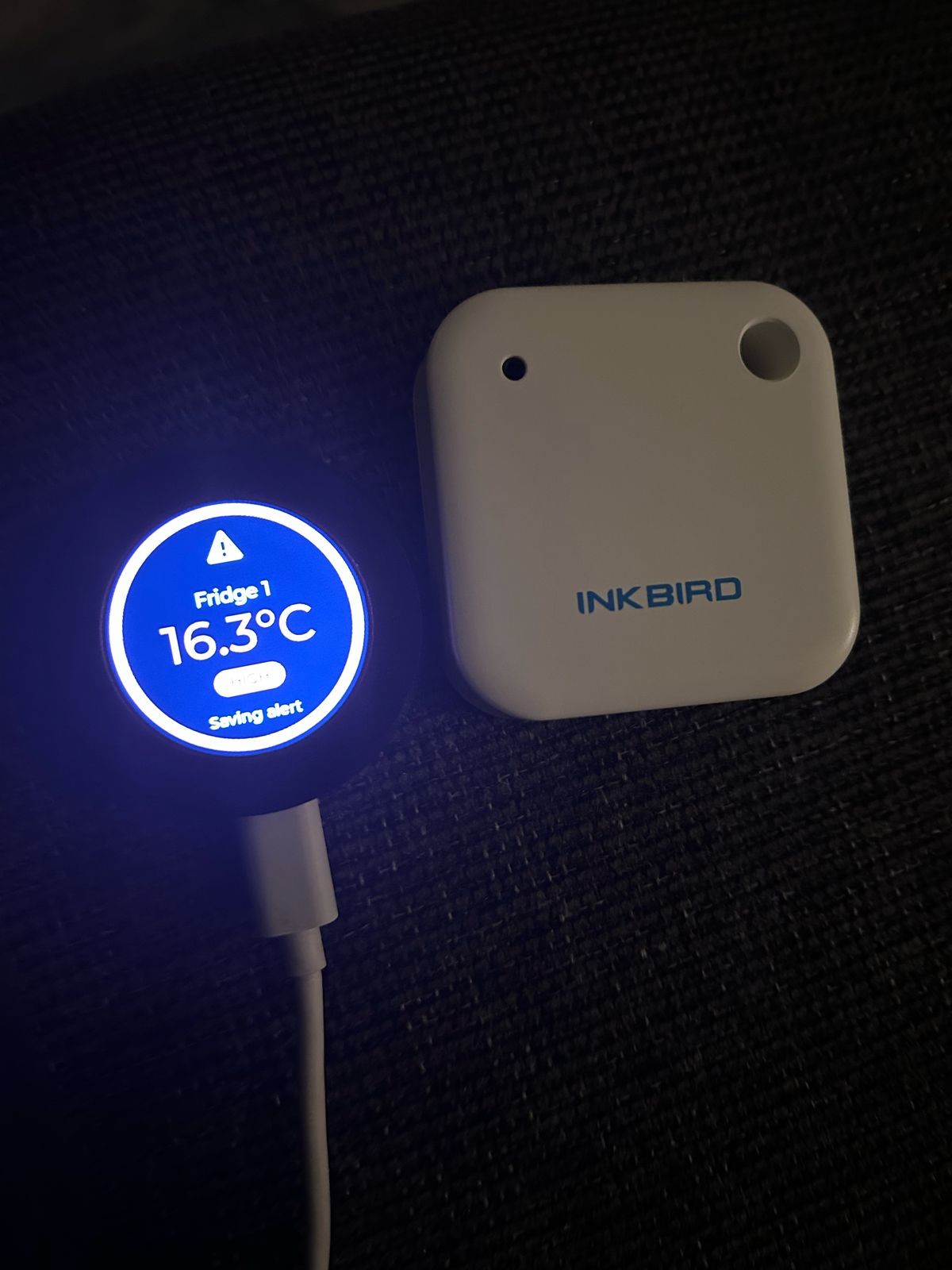 A CompliChef Round showing Fridge 1 at 16.3°C next to an Inkbird IBS-TH2 Bluetooth sensor