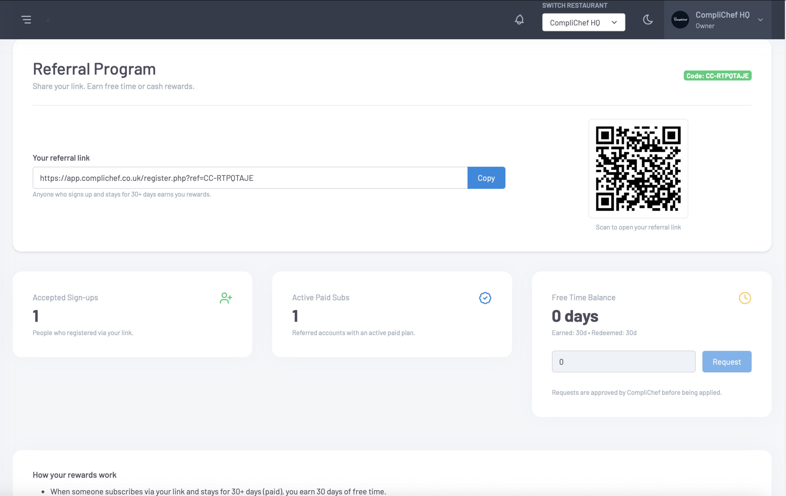 CompliChef referral dashboard